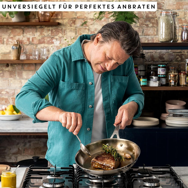 Jamie Oliver by Tefal Cook Smart Bratpfanne 24Cm, Unbeschichteter Edelstahl, Induktionsgeeignet, Thermo-Fusion Boden, Recycelbar, Genieteter Griff, Edelstahl, E3110455