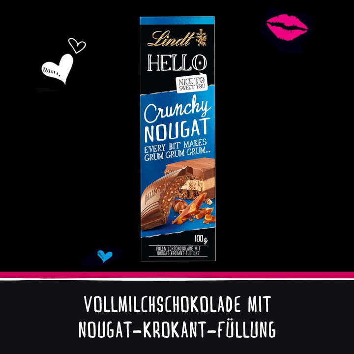 Lindt Schokolade HELLO Crunchy Nougat | 100 G Tafel | Vollmilch-Schokolade Mit Nougat-Krokant-Füllung | Schokoladentafel | Schokoladengeschenk