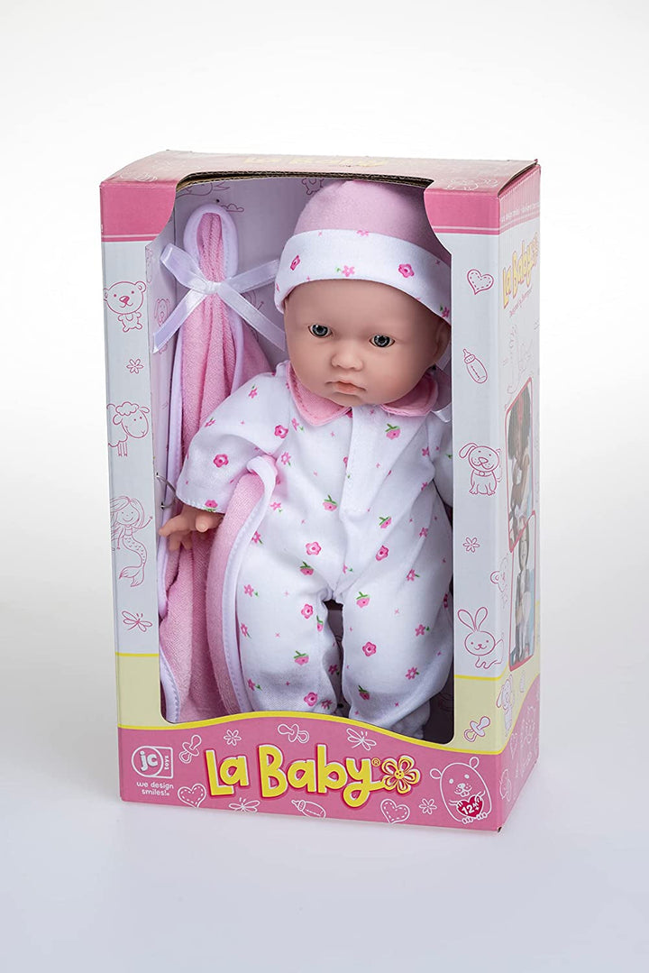 JC Toys La Baby Caucasian Baby Doll Set - păpușă moale de 28 cm, lavabilă, costum roz detașabil cu pălărie, pătură și suzetă, pentru copii de la 12 luni în sus