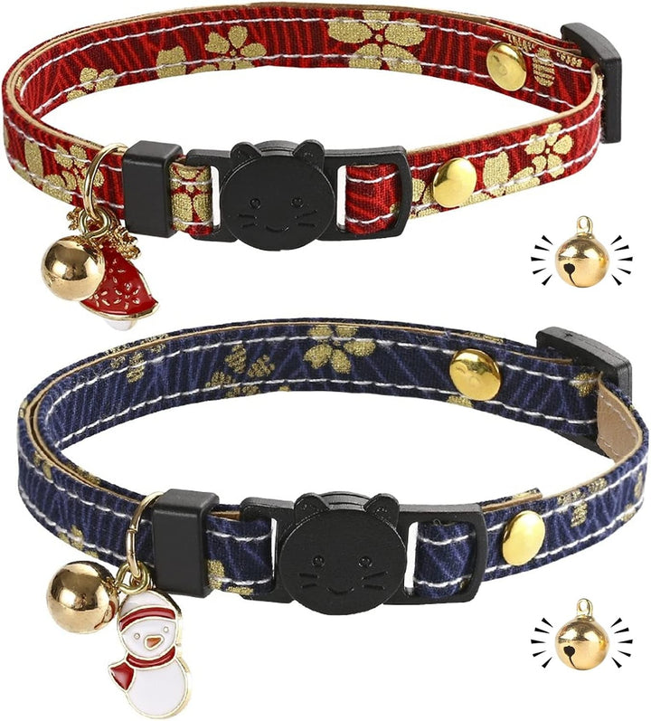 Zgardă pentru pisică cu cataramă cu eliberare rapidă | Zgardă din piele pentru pisică | Lucrată manual | Cu clopoțel | Bilă aurie | Design japonez | Reglabilă | 2 bucăți