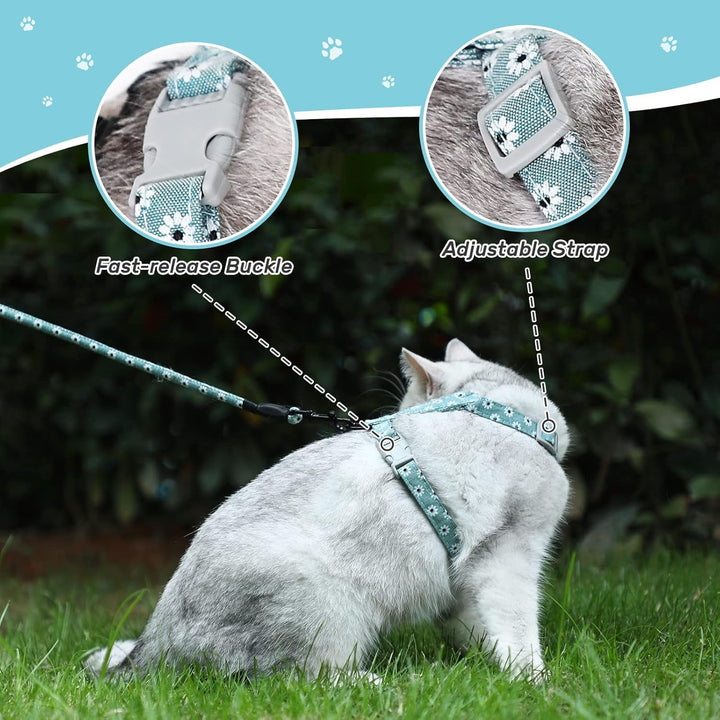 PETTOM Ham pentru pisici cu model floral și lesă Lesă pentru pisici cu ham pentru pisici cu șnur rotund, curea de piept reglabilă anti-evadare, potrivită pentru pisici mici și mijlocii
