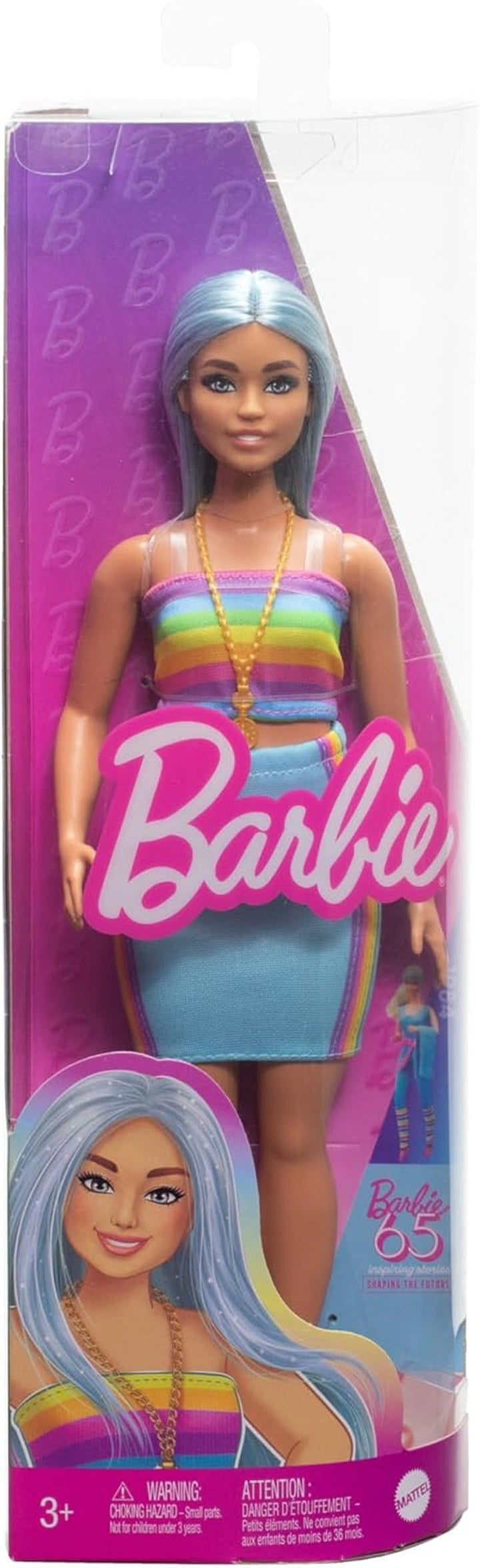Păpușa Barbie Fashionistas nr. 218 cu păr lung albastru, top curcubeu și fustă turcoaz, păpușă de modă de colecționat cu ocazia celei de-a 65-a aniversări, HRH16