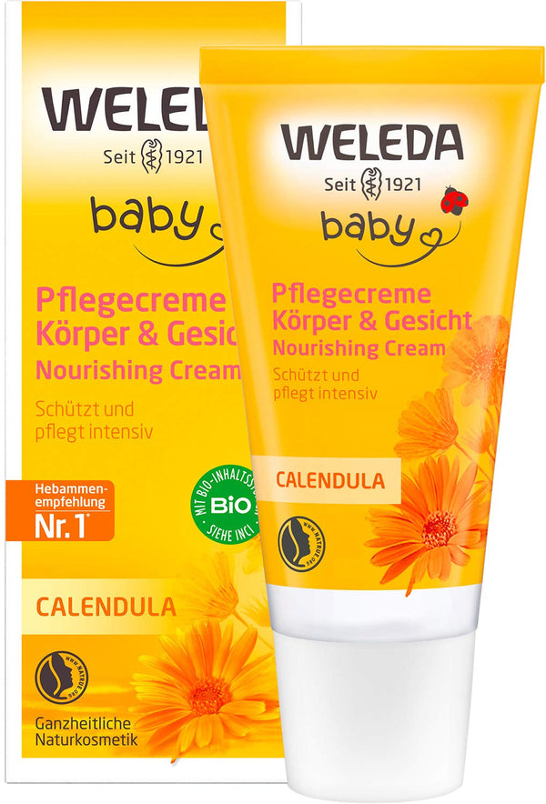 WELEDA Organic Baby Calendula Care Cream Body & Face 30ml - Cremă de față / cremă de piele pentru cosmetică naturală cu ulei de susan și lanolină pentru îngrijirea pielii uscate. Cremă hidratantă de îngrijire pentru bebeluși și copii