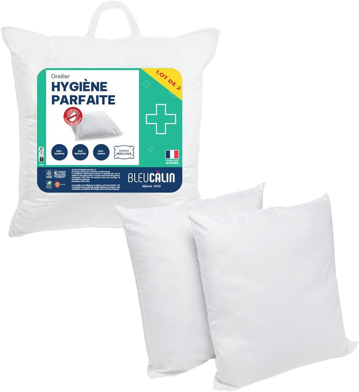 Bleu Câlin Set de 2 perne dreptunghiulare anti-acarieni, anti-bacterii, confort pufos, T 60X60 Cm, 100% bumbac, sortiment igienă perfectă