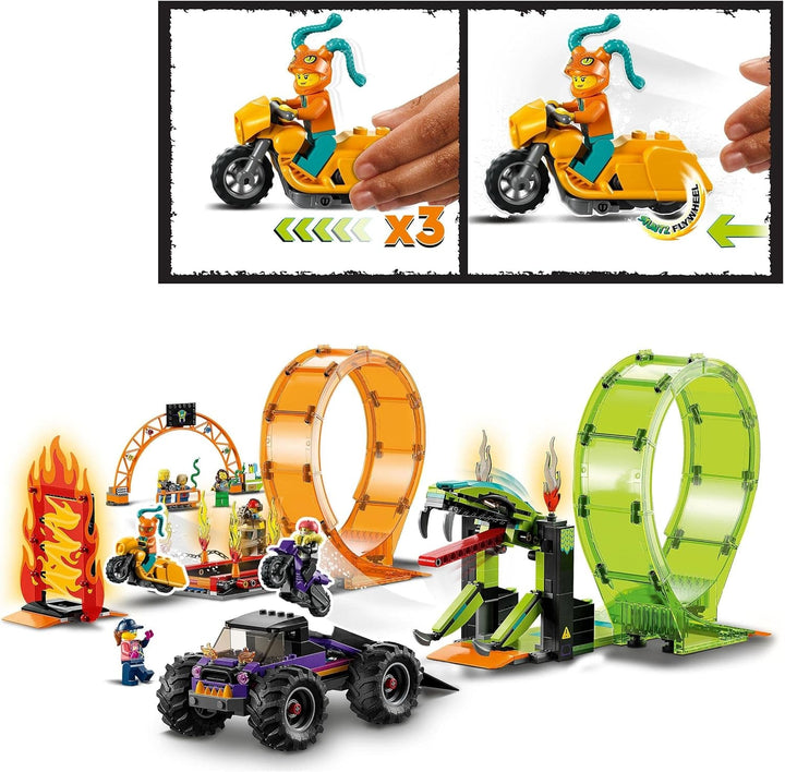 LEGO 60339 City Stuntz Stuntz Show Double Looping Set, Incl. rampă, monster truck, 2X motocicletă și 7 minifigurine, jucărie pentru copii cu vârsta peste 7 ani