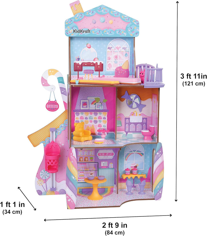Casă de păpuși din lemn Kidkraft Candy Castle cu mobilier și accesorii, casă cu figurină Llama Unicorn, lift pentru tort de înghețată și scaun de cauciuc pentru păpuși, jucărie pentru copii de la 3 ani, 20242