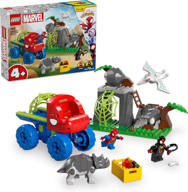 LEGO Marvel Echipa lui Spidey într-o misiune de salvare în camionul Dino, mașină de jucărie construibilă pentru supereroi, set de aventură pentru copii 4+, Spidey și super prietenii săi 11199