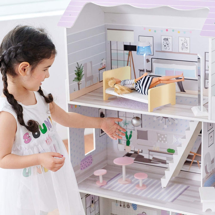 Teamson Kids Olivias Little World Giant Doll House cu 16 accesorii pentru păpuși, casă de păpuși din lemn cu mobilier, cu 3 etaje, casă de păpuși pentru copii pentru păpuși de 12 inci/30 cm, vârsta 3 ani+