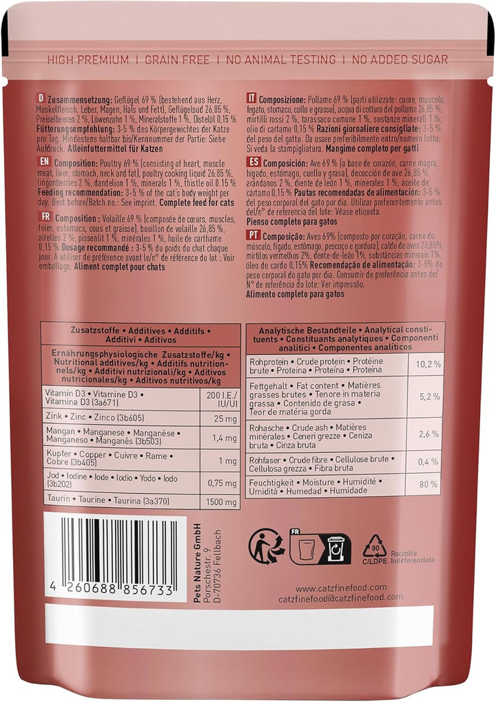Catz Finefood N° 3 Poultry Delicatessen Hrană umedă pentru pisici, hrană umedă premium pentru pisici fără cereale și zahăr cu conținut ridicat de carne (6 X 300G Bag)