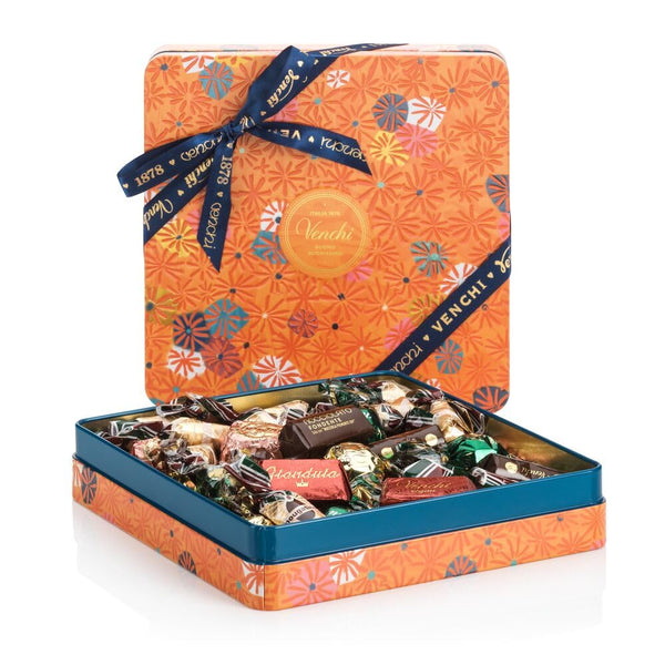 – Murrine Kollektion – Orangefarbene Maxi-Geschenkdose Mit Sortierten Haselnuss-Pralinen, 600 G – Mit Igp-Piemont Haselnuss – Glutenfrei - Geschenkidee