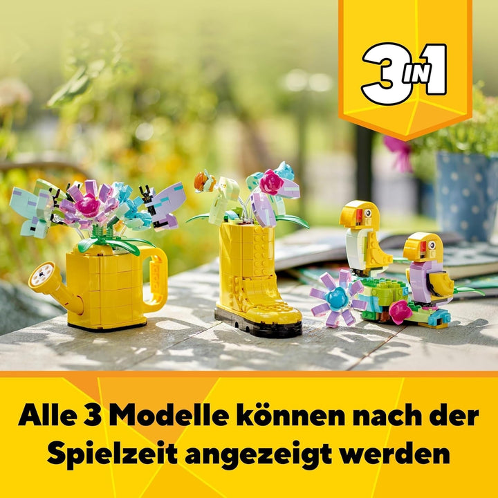 LEGO Creator 3In1 Set de stropitoare cu flori, decorare cameră copii, construiește o stropitoare cu buchet de flori, cizme de cauciuc sau 2 păsări de jucărie, cadou creativ pentru fete și băieți de la 8 ani 31149