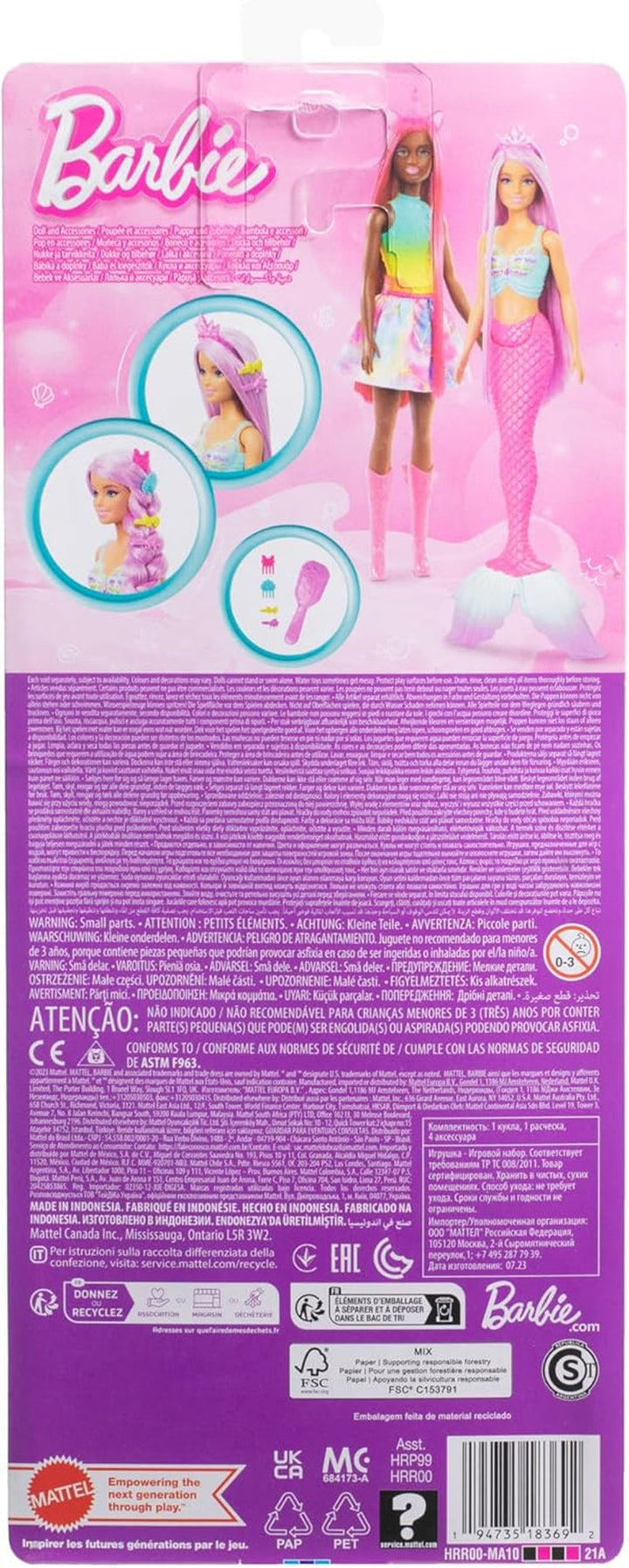 Păpușa Barbie Mermaid - cu păr lung roz și accesorii pentru styling personalizat, inclusiv perie, cochilie frumoasă și aripioare roz, pentru copii de la 3 ani, HRR00