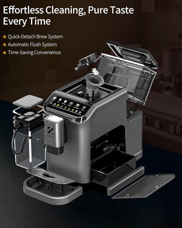 ZACHVO Mașină de cafea complet automată Cu recipient pentru lapte, 20 bar, râșniță cu 15 trepte, ecran tactil, control al temperaturii pid, curățare automată, 5 băuturi la apăsarea unui buton - latte, cappuccino și multe altele, compact