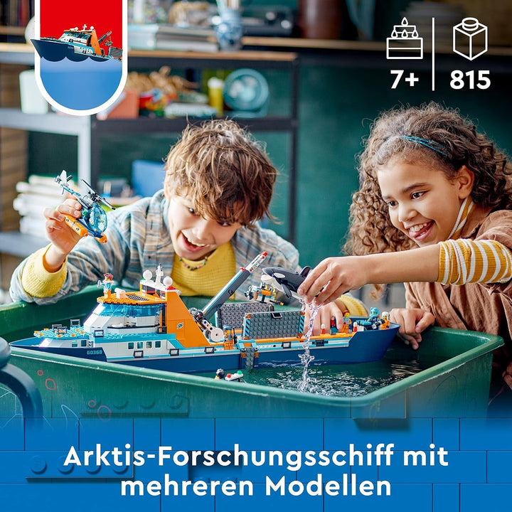 LEGO City Arctic Research Ship, barcă mare de jucărie plutitoare cu elicopter, barcă pneumatică, submarin Rov, epavă vikingă, 7 minifigurine și figură Orca, cadou pentru copii cu vârsta de 7+ 60368