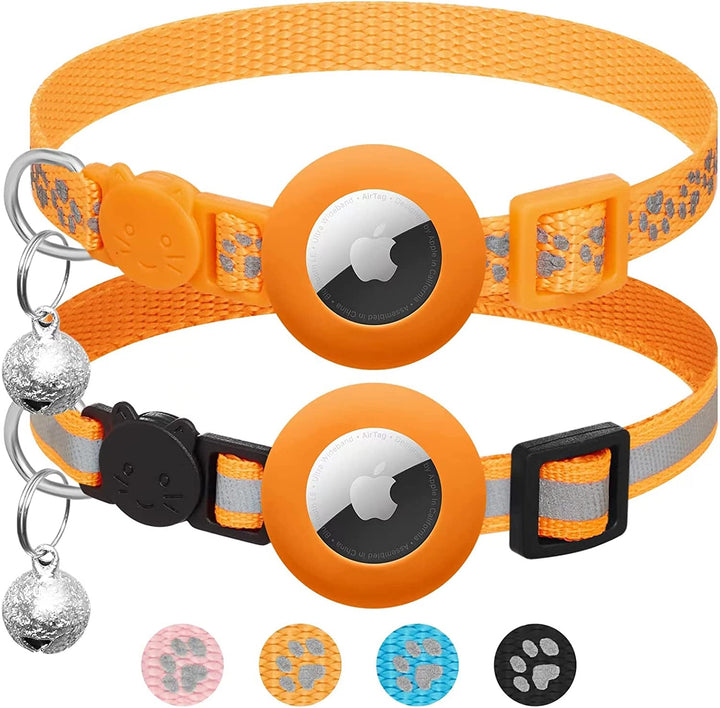 Pachet de 2 compatibil cu zgarda Airtag pentru pisici cu clopoțel, tracker GPS reflectorizant pentru pisici compatibil cu husa Apple Airtag, personalizat compatibil cu zgarda Airtag pentru pisici cu încuietoare de siguranță