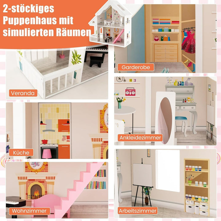 FANTASK Casă de păpuși din lemn, casă de păpuși cu 2 etaje cu accesorii și mobilier, jucărie pentru păpuși de 28-36 cm, pentru copii cu vârsta de peste 3 ani