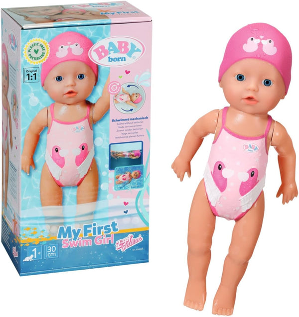 BABY Born My First Swim Girl, păpușă de baie cu vânt, impermeabilă, funcționează fără baterii, păpușă înaltă de 30 cm, 834060 Zapf Creation, roz