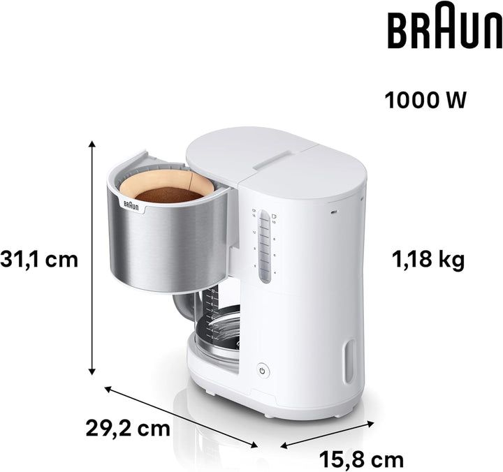 Cafetiera Braun Purshine KF 1500 WH - Cafetieră cu filtru și ulcior din sticlă pentru până la 10 cești, sistem Optibrew, oprire automată, 1000 Watt, alb, KF1500WH