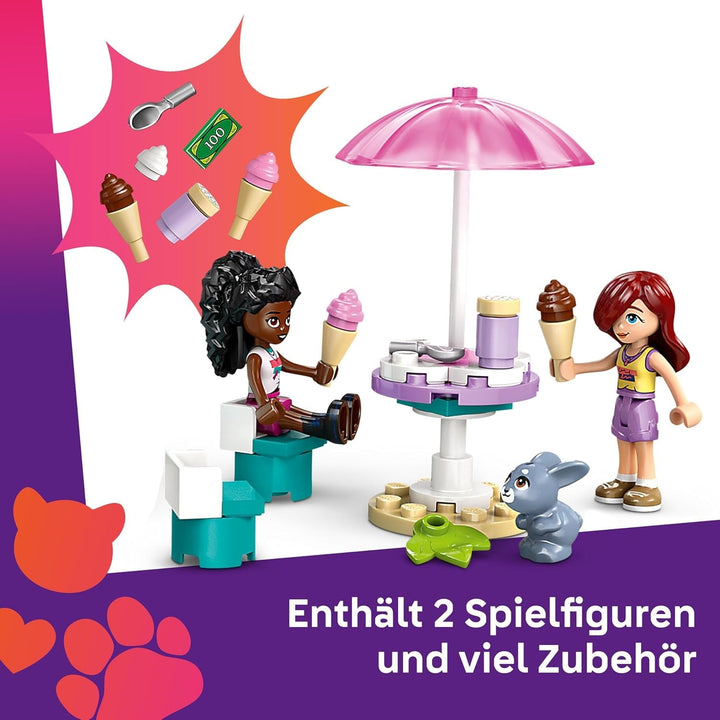 Camion de înghețată LEGO Friends Heartlake City, set de joacă pentru jocuri de rol, set de construcție cu 2 figurine și un iepuraș, jucărie pentru fete de la 4 ani, jucărie de construcție cu minifigurine ale personajelor 42644