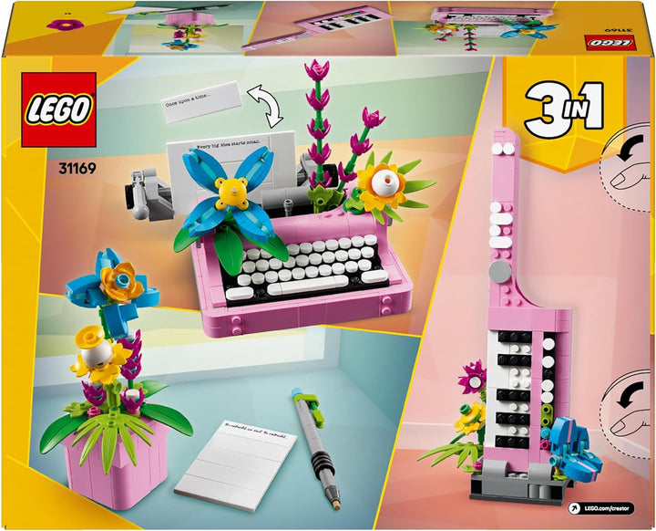 LEGO Creator 3In1 Mașină de scris cu flori - jucărie convertibilă într-un model Keytar sau într-un ghiveci de flori cu blocnotes și stilou - set de construcție - cadou pentru fete și băieți de la 8 ani 31169