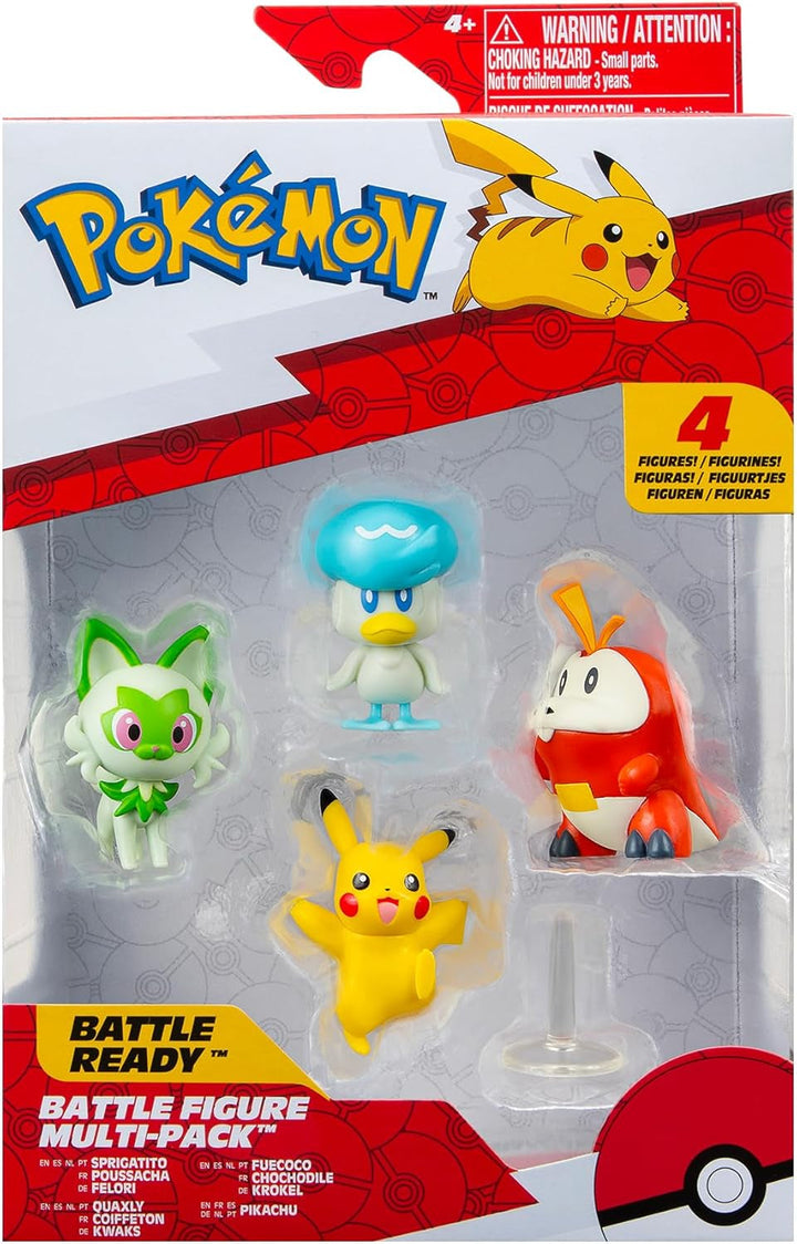 Pokémon PKW3402 - Battle Figure Multipack - pachet de 4 cu Pikachu, Croc, Kwaks, Felori, figuri detaliate oficiale, 5 cm fiecare