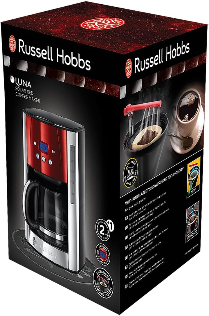 Cafetiera Russell Hobbs [cronometru digital, cap efervescent pentru extracție și aromă optime] Luna Red (Max 12 cești, ulcior din sticlă de 1,5L, placă de menținere la cald, 1000W) Filtru de cafea 23240-56