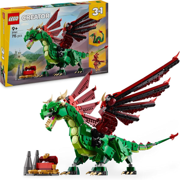 LEGO Creator 3In1 Green Dragon - Jucărie - Convertibil în șarpe de mare sau Phoenix - Jucărie de construit cu animale pentru copii - Cadou pentru băieți și fete de la 9 ani 31161