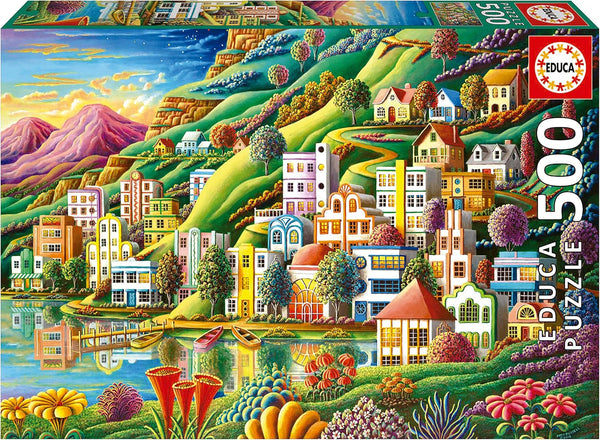 Educa - Puzzle 500 piese pentru adulți | Satul colorat de lângă lac, puzzle 500 piese pentru adulți și copii de la 11 ani, puzzle peisaj, ilustrație (19552)