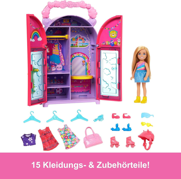 Barbie Chelsea păpușă și dulap Playset cu haine și accesorii, set de 17 piese, pliabil pentru a juca pe drum și depozitare, HXN03