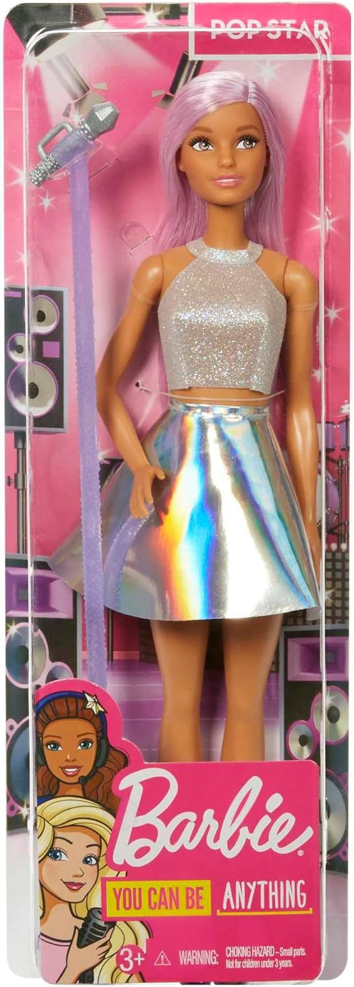 Păpușa Barbie Pop Star îmbrăcată într-o fustă strălucitoare, cu microfon și păr roz, cadou pentru copii de la 3 la 7 ani, JCW42, Dazzling