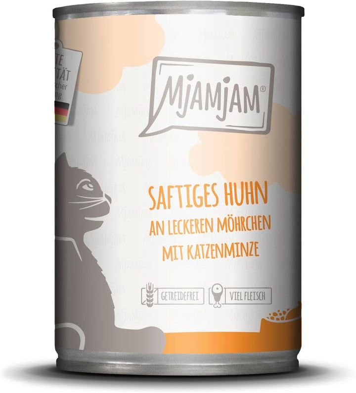 Mjamjam - Hrană umedă premium pentru pisici - Rață și pasăre fină cu morcovi delicioși, 1 pachet (1 X 400 G), fără cereale cu extra carne