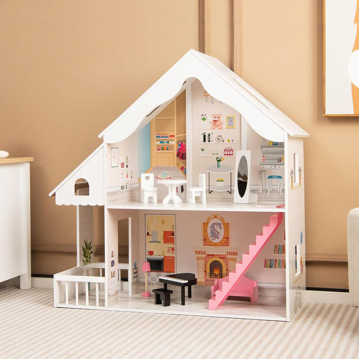 FANTASK Casă de păpuși din lemn, casă de păpuși cu 2 etaje cu accesorii și mobilier, jucărie pentru păpuși de 28-36 cm, pentru copii cu vârsta de peste 3 ani