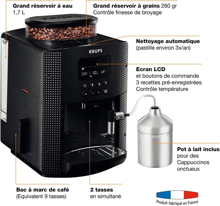 Aparat de cafea Krups Essential Cu tub de lapte, Funcție 2 căni, Afișaj LCD, Curățare ușoară, Aparat de cafea, Sigiliu Tüv, Negru, EA816031