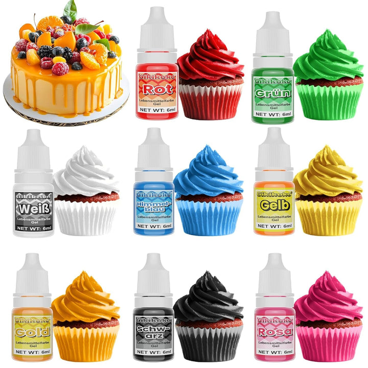 Colorant alimentar în gel - 8 culori vibrante, colorant alimentar pentru decorarea torturilor, foarte concentrat, coloranți alimentari pentru fondant, cremă de unt, prăjituri, macaroane, gogoși - 6 ml