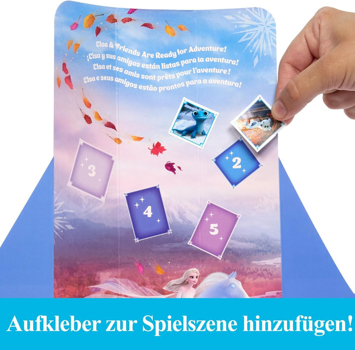 Mattel Disney The Ice Queen Elsa Fashion Doll Set, Spin & Reveal cu 11 surprize, inclusiv 5 accesorii, 5 autocolante și o scenă pentru joacă, inspirat de filmul Disney, HTG25