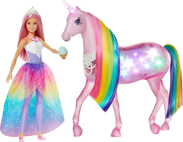 Barbie Dreamtopia Magical Magic Light Unicorn, cu 25+ lumini și sunet, incl. păpușă Barbie și unicorn, cadou pentru copii, jucărie de la 3 ani, GWM78