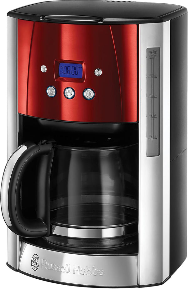 Cafetiera Russell Hobbs [cronometru digital, cap efervescent pentru extracție și aromă optime] Luna Red (Max 12 cești, ulcior din sticlă de 1,5L, placă de menținere la cald, 1000W) Filtru de cafea 23240-56