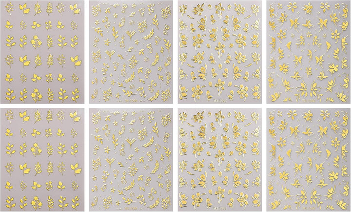 JMEOWIO Nagelsticker Goldene Blumen 8 Blatt Nail Art Sticker Selbstklebend Nagelaufkleber Dekoration Nageldesign Zubehör