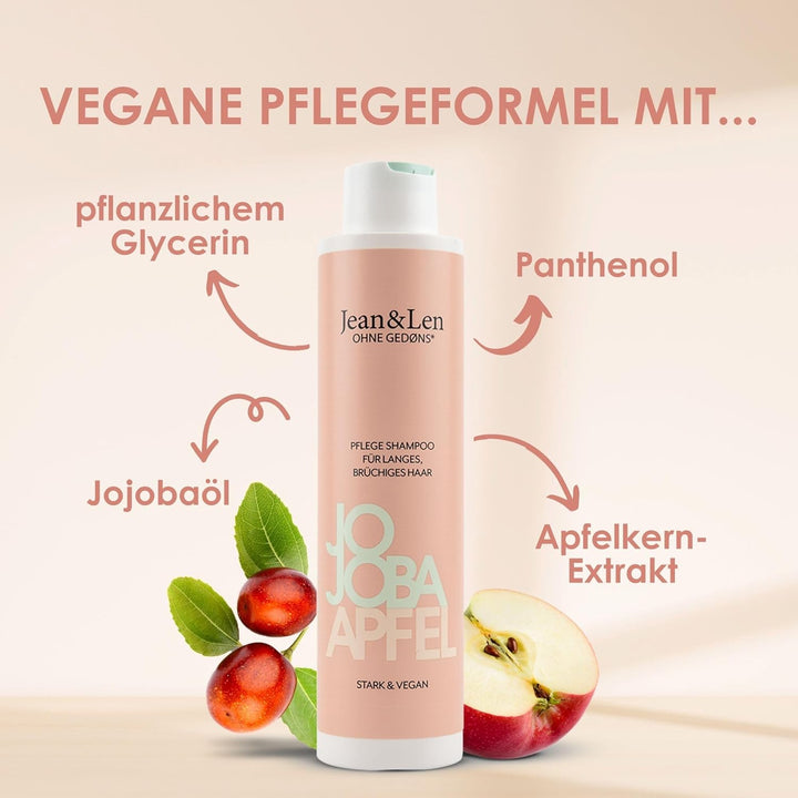 Jean & Len Pflege Shampoo Jojoba & Apfel, Pflegt Langes Und Brüchiges Haar, Für Gesünder & Stärker Aussehendes Haar, Haarpflege Mit Apfel Duft, Ohne Parabene & Silikone, Vegan, 300 Ml