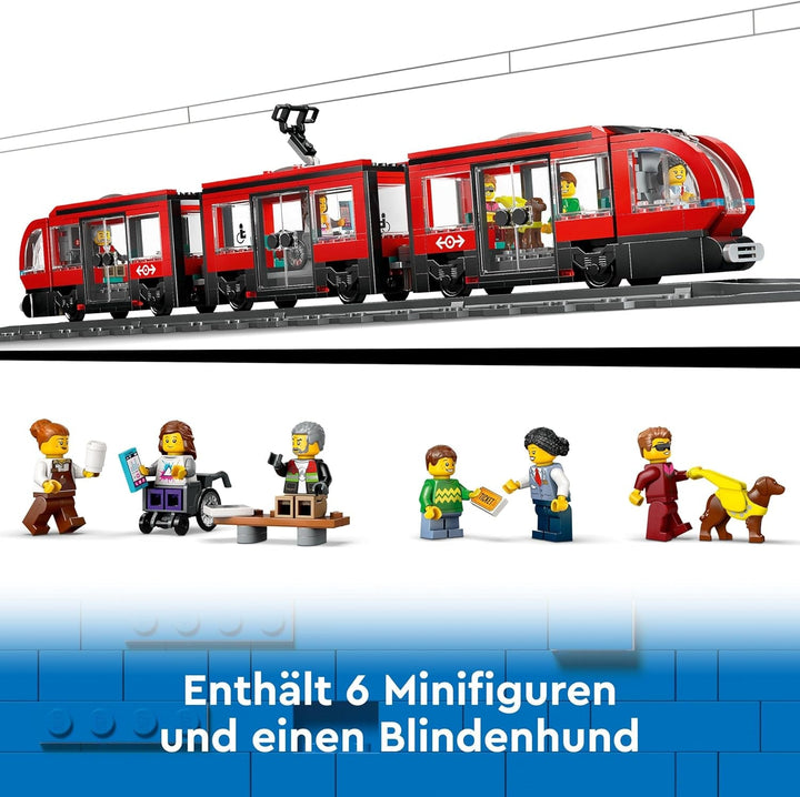 Tramvai LEGO City cu stație, idee de cadou pentru fanii jucăriilor cu vehicule de la 7 ani, cu 6 minifigurine și un câine ghid pentru jocuri de rol, jucărie de construcție 60423