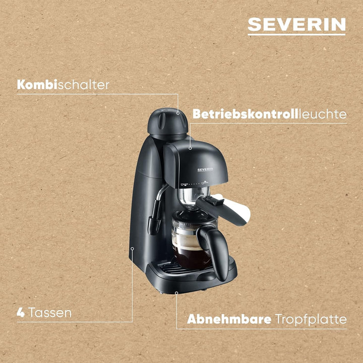 SEVERIN Espresso machine, Aparat de cafea mic pentru până la 4 cești de espresso, Aparat de cafea cu spumă de lapte pentru specialități de cafea cu lapte, Ideal pentru persoane singure, Negru, KA 5978