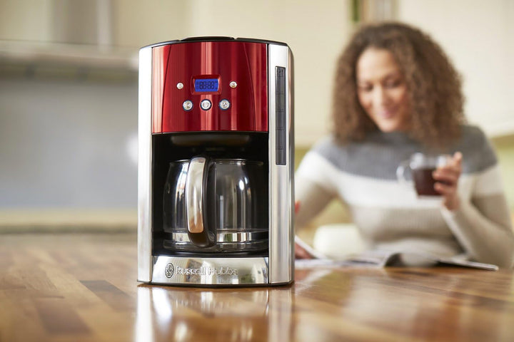 Cafetiera Russell Hobbs [cronometru digital, cap efervescent pentru extracție și aromă optime] Luna Red (Max 12 cești, ulcior din sticlă de 1,5L, placă de menținere la cald, 1000W) Filtru de cafea 23240-56