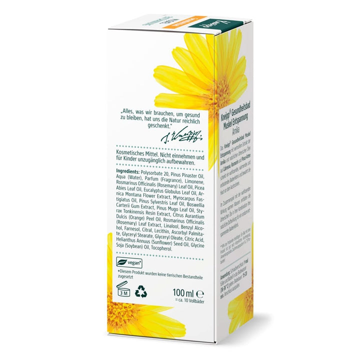 Kneipp Health Bath, Relaxare musculară, Ulei de baie cu extract de arnică și uleiuri esențiale din speciile Cabreuva, Rosemary și Pinus, revitalizează și face bine după efort fizic,100 ml