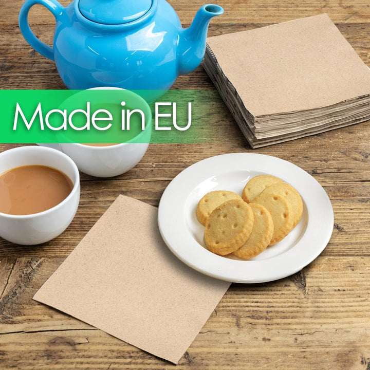 Table Kind | 100 pachet vrac Șervețele moi din hârtie reciclată, șervețele de petrecere de unică folosință maro, potrivite pentru uz zilnic, ecologice, Kraft, nealbite, compostabile, fabricate în UE, 2Ply, 33cm