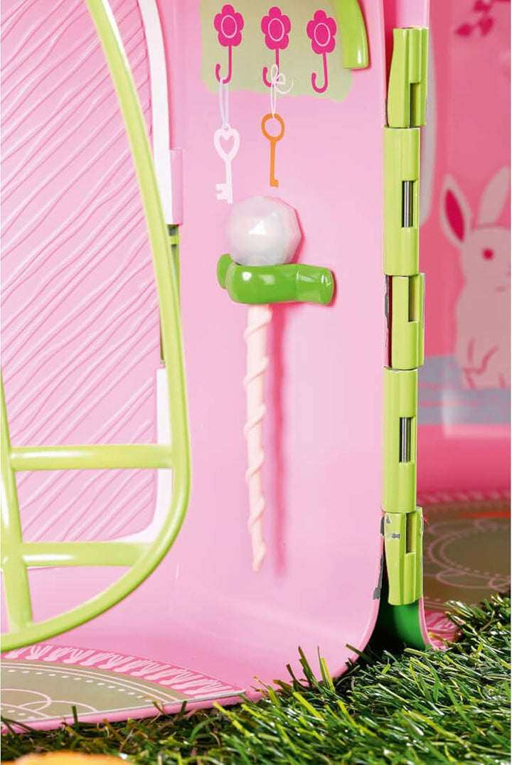 BABY Born Storybook Cottage, Casă de păpuși pliabilă pentru păpuși de 18 cm cu masă, șemineu, șezlong și telescop, roz verde, 833803 Zapf Creation