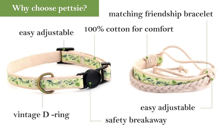 Set zgardă și brățară a prieteniei pentru pisici Pettsie, design sigur cu bumbac moale, inel D pentru accesorii, dimensiune ușor reglabilă 19-29 cm, verde