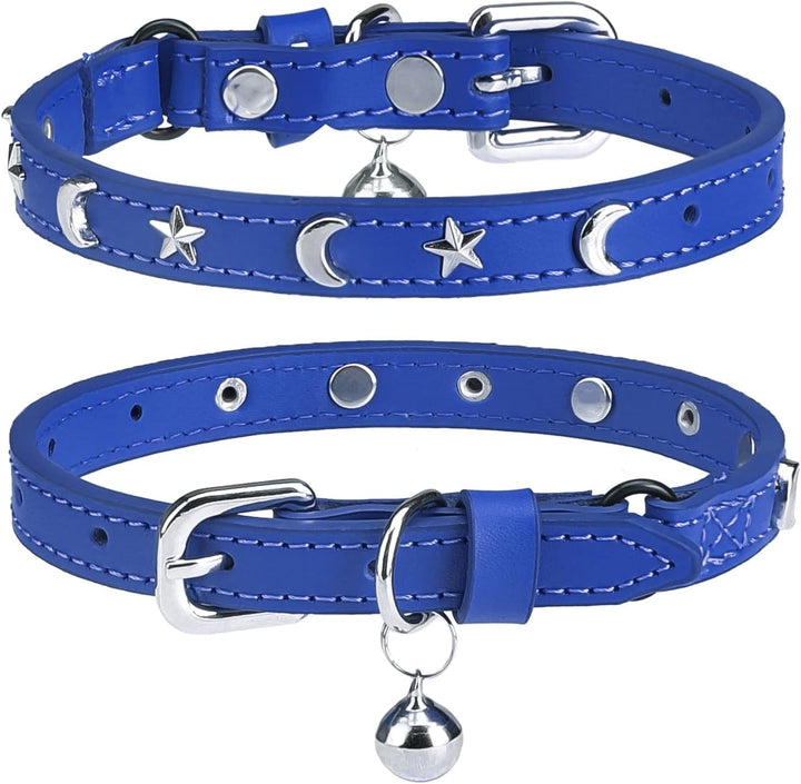 Zgărzi din piele pentru pisici, băieți și fete, cu clopoțel și curea elastică de siguranță, zgardă personalizată cu cataramă reglabilă cu știft de stea și lună pentru pisici mici și mari, dimensiunea 8-12 inch, negru