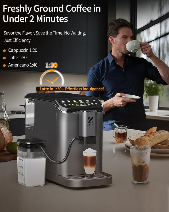ZACHVO Mașină de cafea complet automată Cu recipient pentru lapte, 20 bar, râșniță cu 15 trepte, ecran tactil, control al temperaturii pid, curățare automată, 5 băuturi la apăsarea unui buton - latte, cappuccino și multe altele, compact