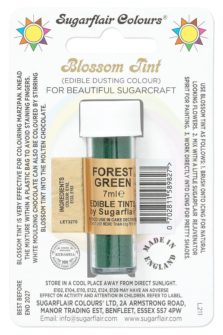 Sugarflair Blossom Tint Dusting Lebensmittelfarbe Pulver Forest Green - Lebensmittel Farbe Pulver Zur Dekorationen Farbzuckerpaste, Fondant, Zuckerguss, Schokolade, Buttercreme, Macarons - 7Ml