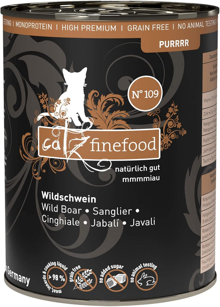 Catz Finefood Purrrrr Wild Boar Monoprotein Cat Food Wet N° 109, Pentru pisici sensibile din punct de vedere nutrițional, 70% carne, cutie 6 X 400G